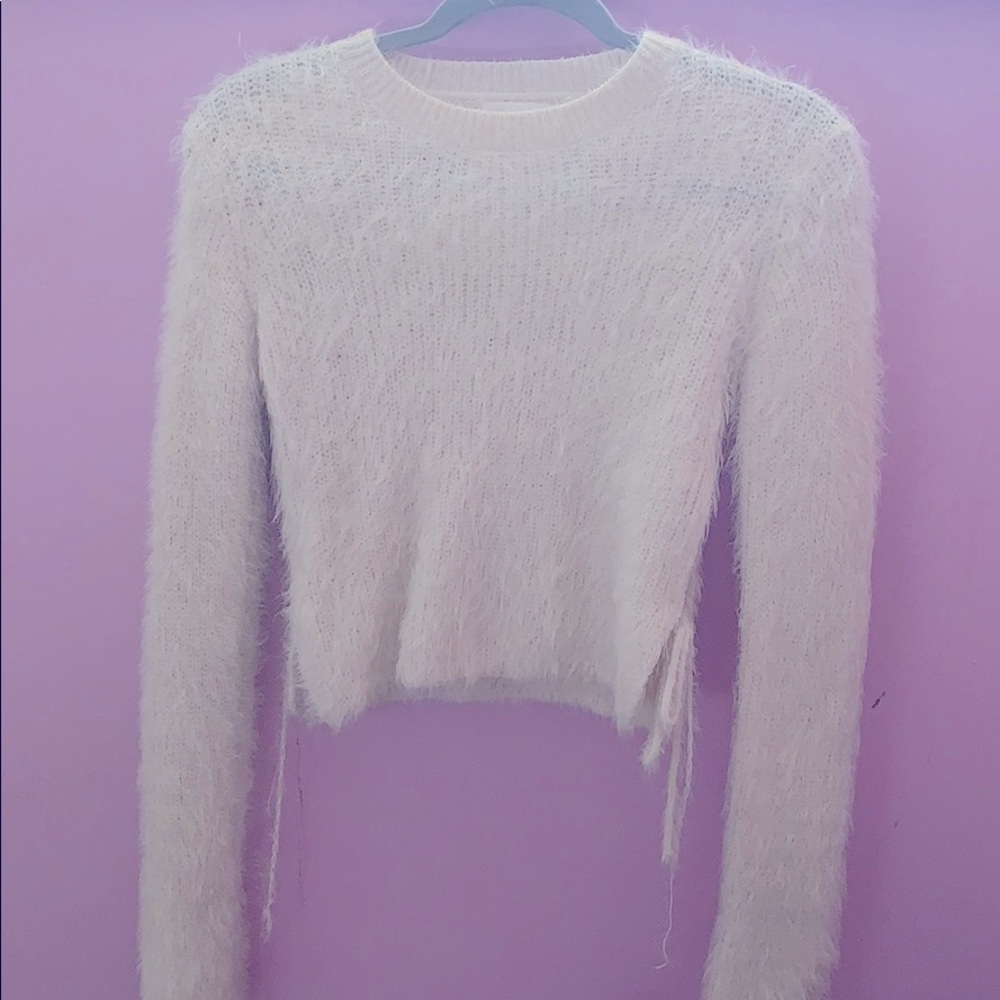 side tie fuzzy knit sweater